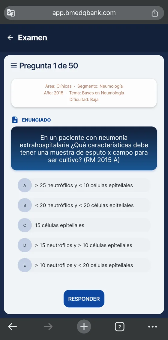Modo Estudio en el celular: pregunta con alternativas A a E