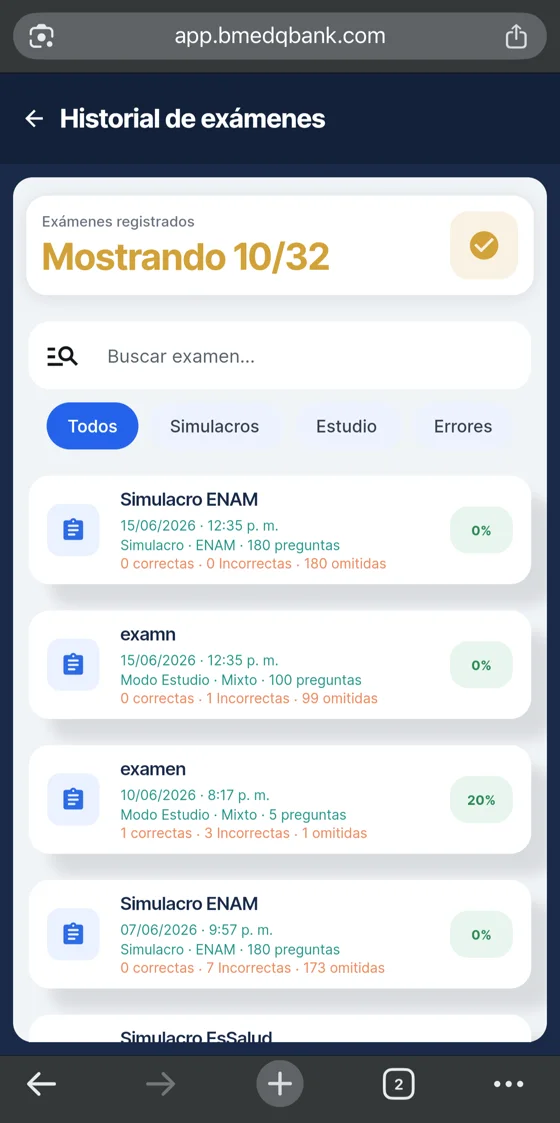 Historial en el celular: sesiones guardadas con sus métricas